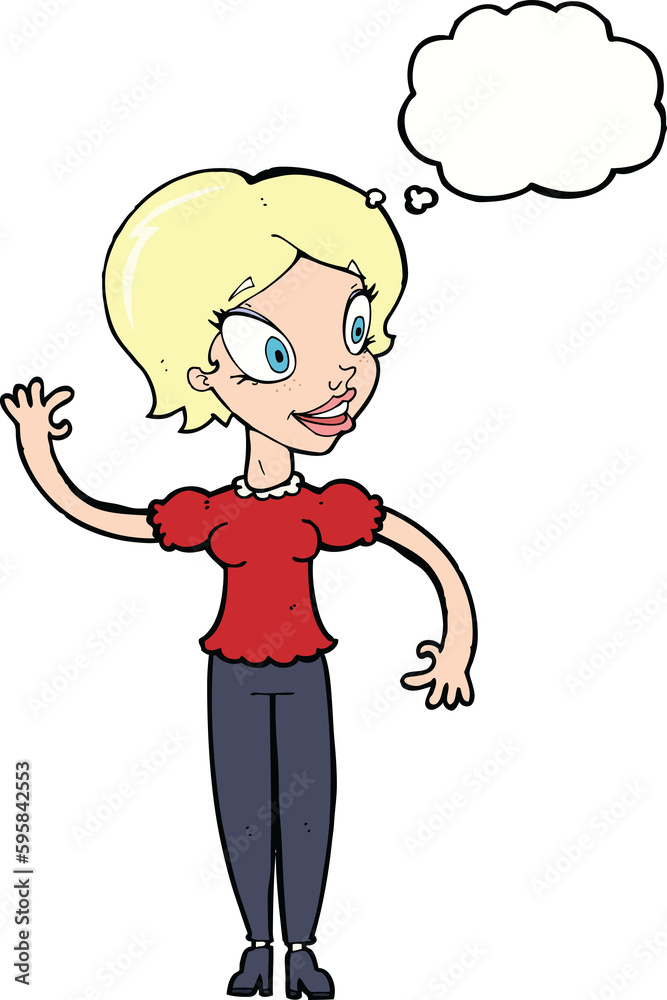 cartoon woman waving with thought bubble cartoon woman waving with thought bubble