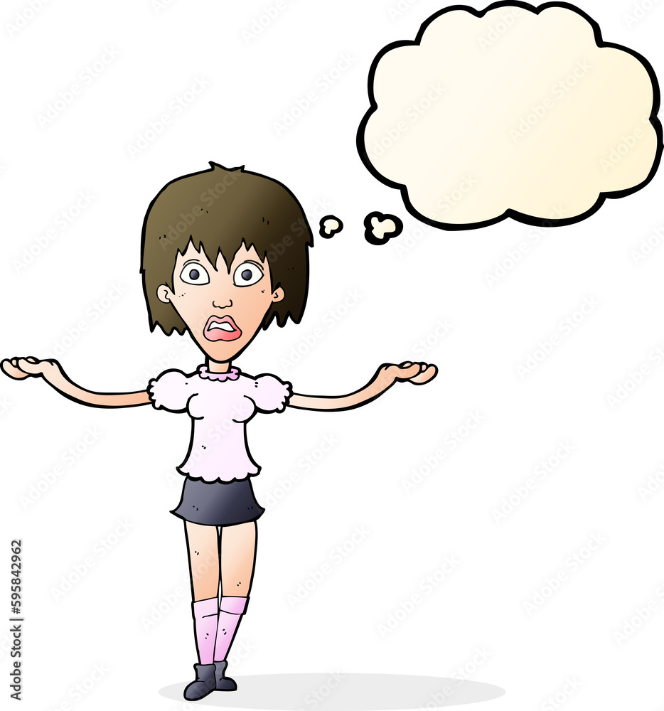 cartoon woman shrugging shoulders with thought bubble cartoon woman shrugging shoulders with thought bubble