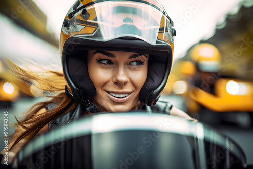 Beautiful smiling girl in a helmet rides a motorcycle around the city at high speed. Generative AI.