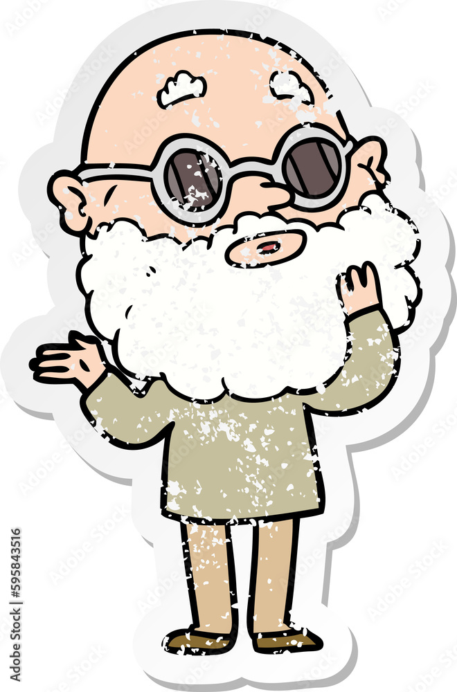 distressed sticker of a cartoon curious man with beard and glasses distressed sticker of a cartoon curious man with beard and glasses