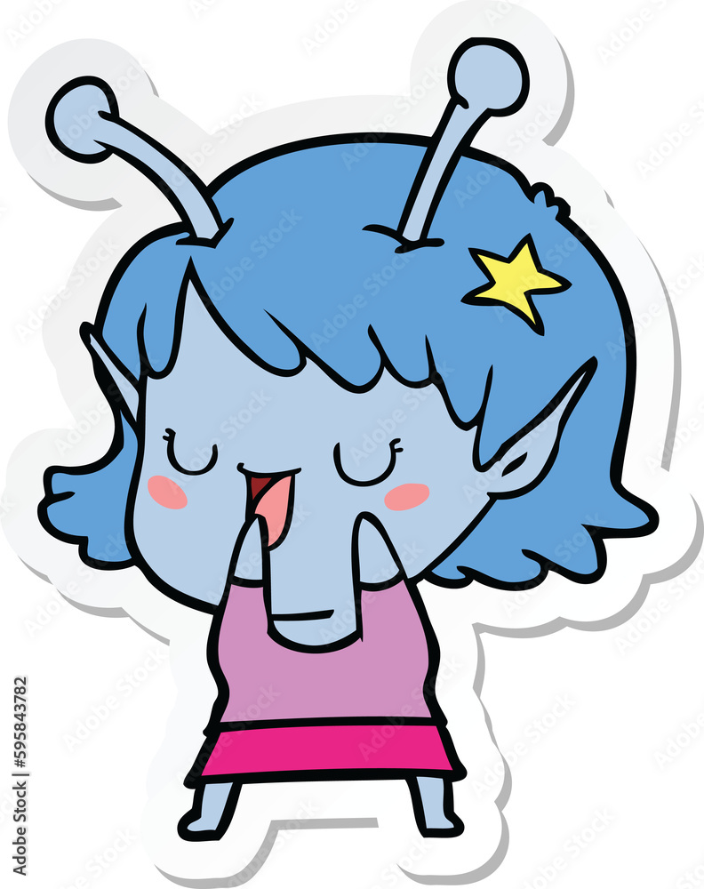 sticker of a happy alien girl cartoon sticker of a happy alien girl cartoon