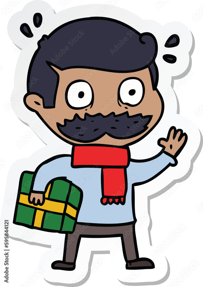 sticker of a cartoon man with mustache and christmas present