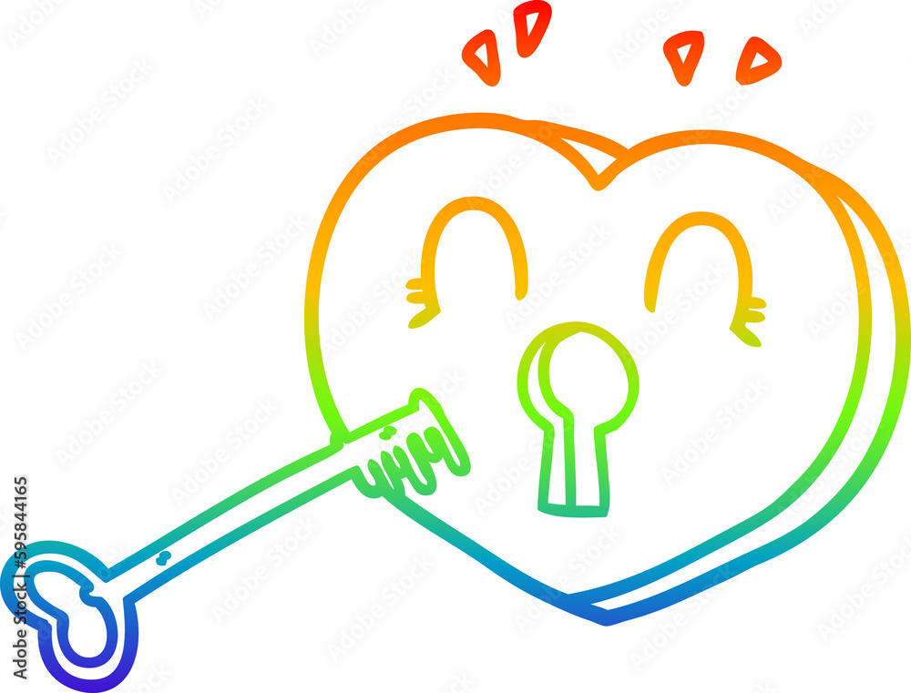 rainbow gradient line drawing of a cartoon heart with key rainbow gradient line drawing of a cartoon heart with key