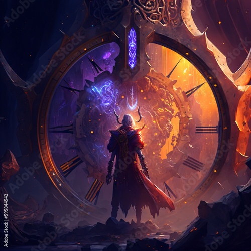 cavern of time with a surreal clockwork, time traveler - portal to another dimension, fantasy illustration, generative ai