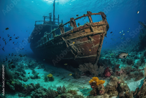 Exploring underwater, old shipwreck found near coral reefs - generative Al