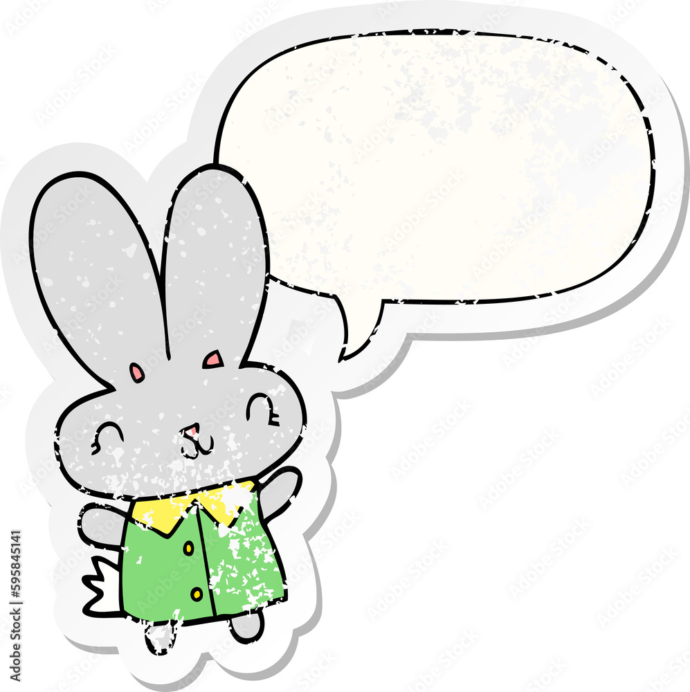 cute cartoon tiny rabbit with speech bubble distressed distressed old sticker cute cartoon tiny rabbit with speech bubble distressed distressed old sticker
