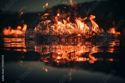 Elegantly stylish fire glow mirrored in water. Generative AI