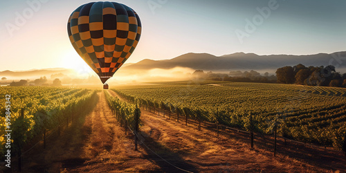 Heissluftballon über einer schöner Landschaft fliegend, ai generativ