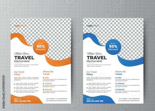 Travel poster or flyer template design layout space for photo background. Blue Travel flyer template for travel agency.
Travel flyer template design with contact and venue details.Travel Flyer, Modern