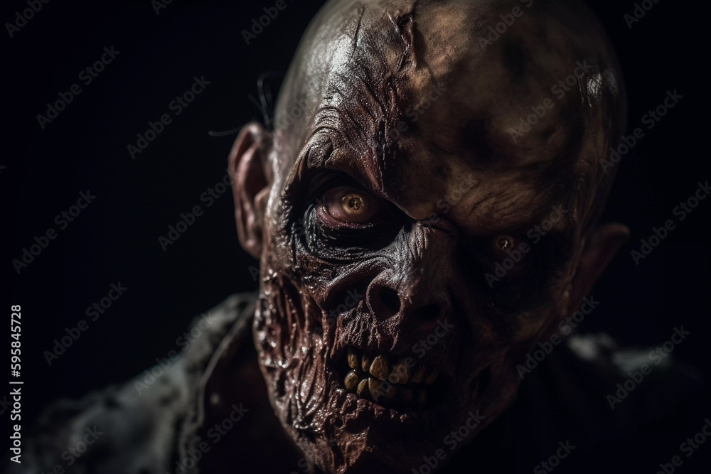 Close up portrait of evil zombie male isolated on black background, splatter horror, generative ai