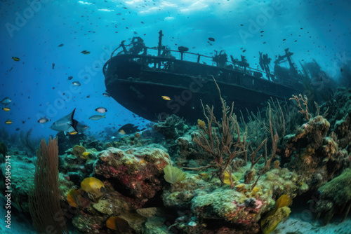 Old ship sinking beside coral reef - wrecks, corals, and scuba diving adventures, generative AI