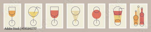 Modern minimalistic poster set with wine, brandy, martini, cocktail glasses isolated on light background. Vintage vector illustration for catalog bar, pub, restaurant, boho decoration, wall art print 