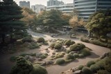 Square covered in gravel and surrounded by pine trees among Tokyo's urban landscape. Generative AI