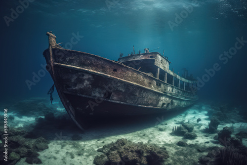 Remnants of the past, wrecked ship found on ocean floor - generative AI