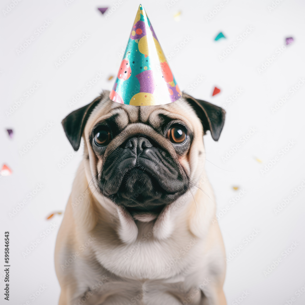 A pug Wearing A Birthday Party Hat