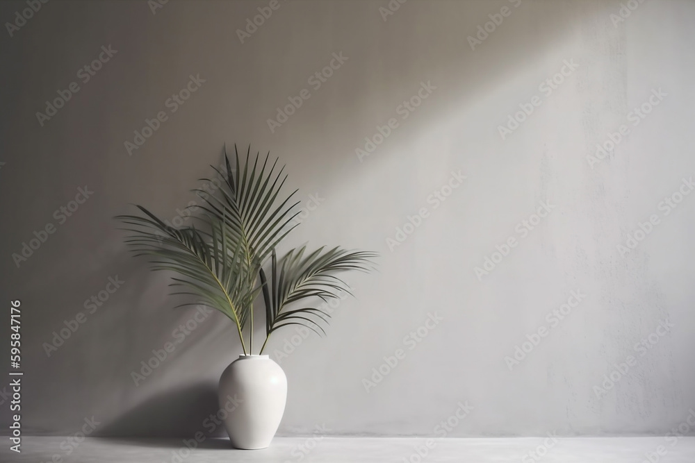 vase shadows decor tree concrete home design palm sunlight wall closeup interior. Generative AI. vase shadows decor tree concrete home design palm sunlight wall closeup interior. Generative AI.