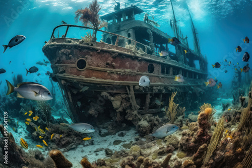 Exploring the deep, abandoned ship found underwater in large reef - generative AI © Tadeusz