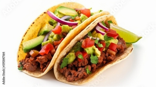 Mexican tacos with beef, tomatoes, avocado, chili, and onions on white background