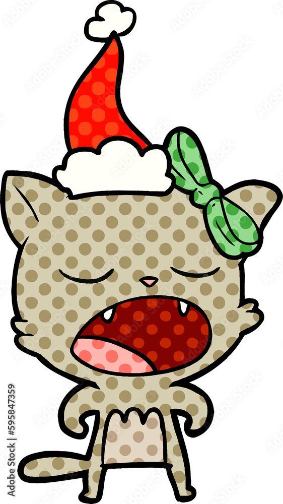 hand drawn comic book style illustration of a cat meowing wearing santa hat hand drawn comic book style illustration of a cat meowing wearing santa hat