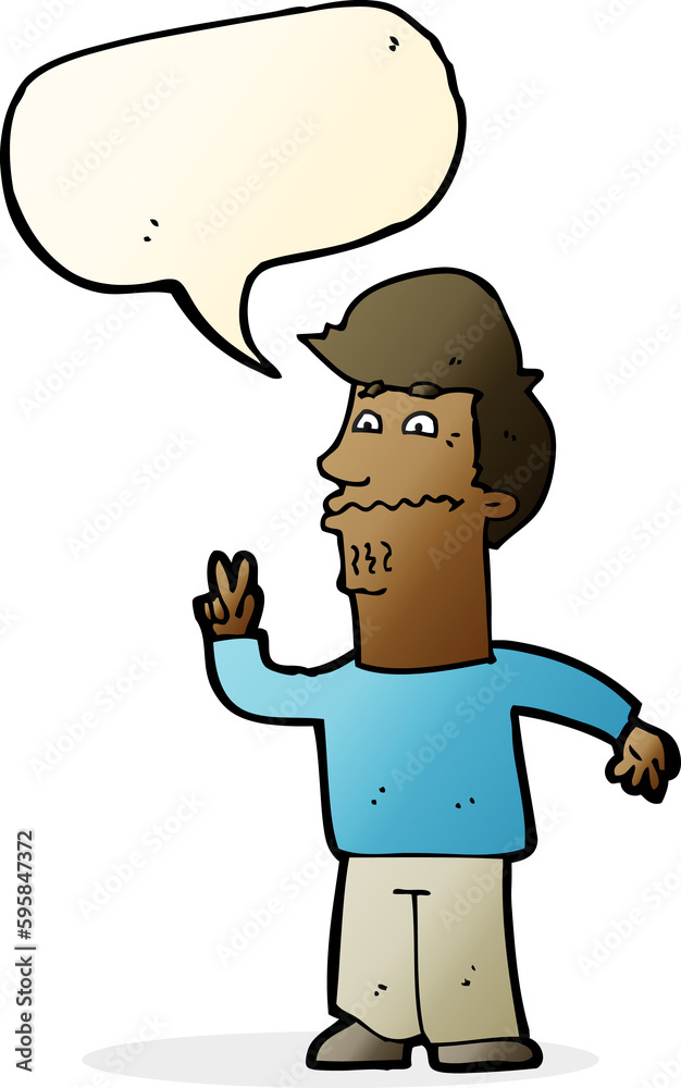 cartoon man giving peace sign with speech bubble