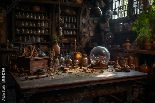 Artwork depicting an alchemist's workbench from ancient times. Generative AI