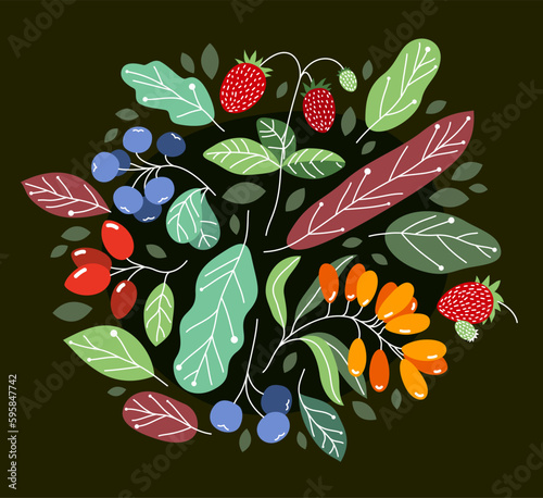 Wild berries fresh and ripe tasty healthy food with leaves vector flat style illustration over dark background, delicious vegetation diet eating, nature gifts.