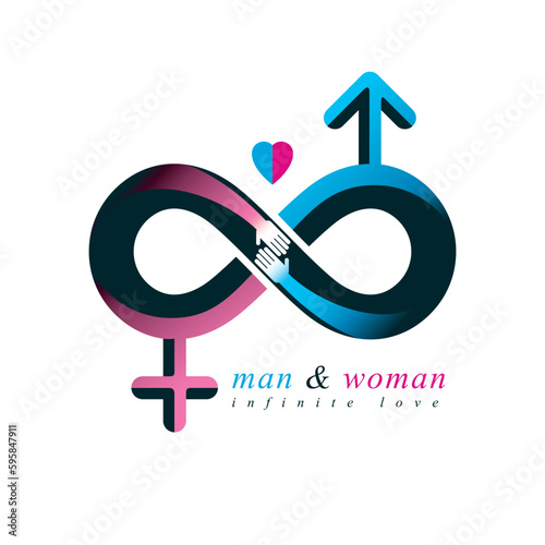 Love Forever conceptual logo, vector symbol created with infinity loop and male Mars an female Venus signs. Relationship creative idea.