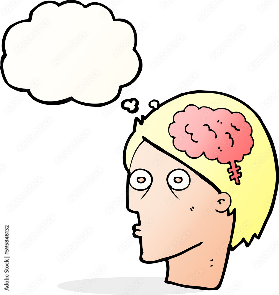 cartoon head with brain symbol with thought bubble