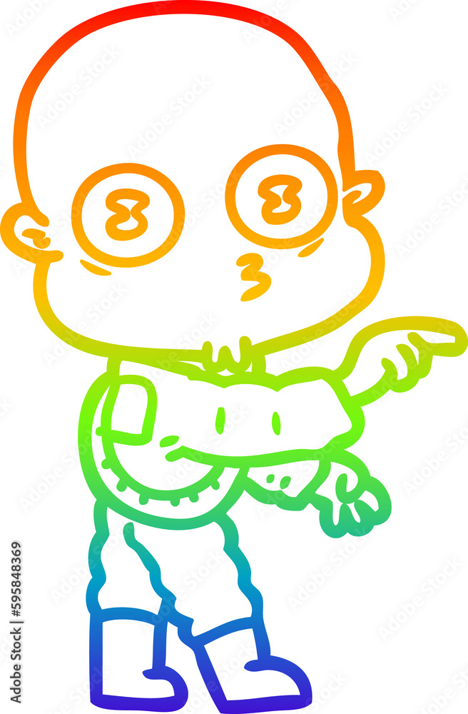 rainbow gradient line drawing of a cartoon weird bald spaceman pointing rainbow gradient line drawing of a cartoon weird bald spaceman pointing