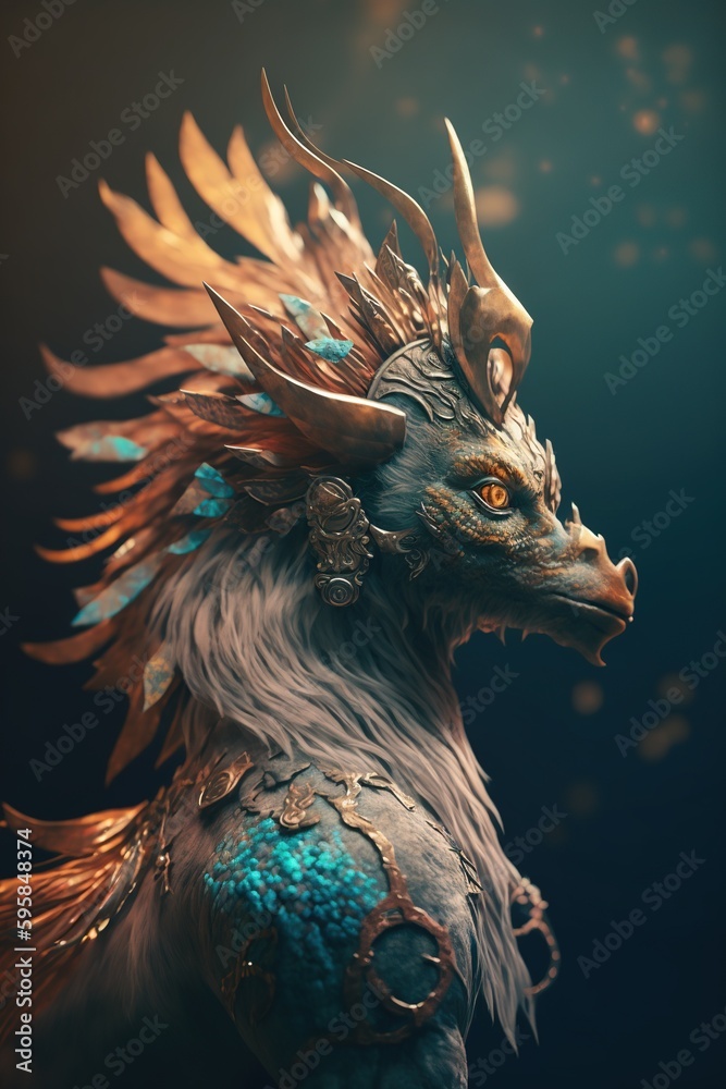 Mythical fantasy dragon with big horns and feathers generative aI