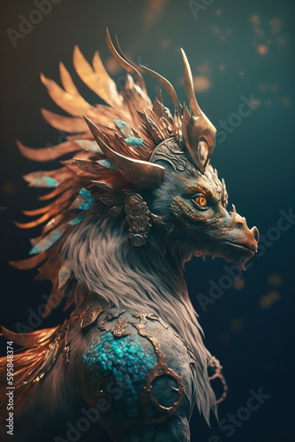 Mythical fantasy dragon with big horns and feathers generative aI © Johan C