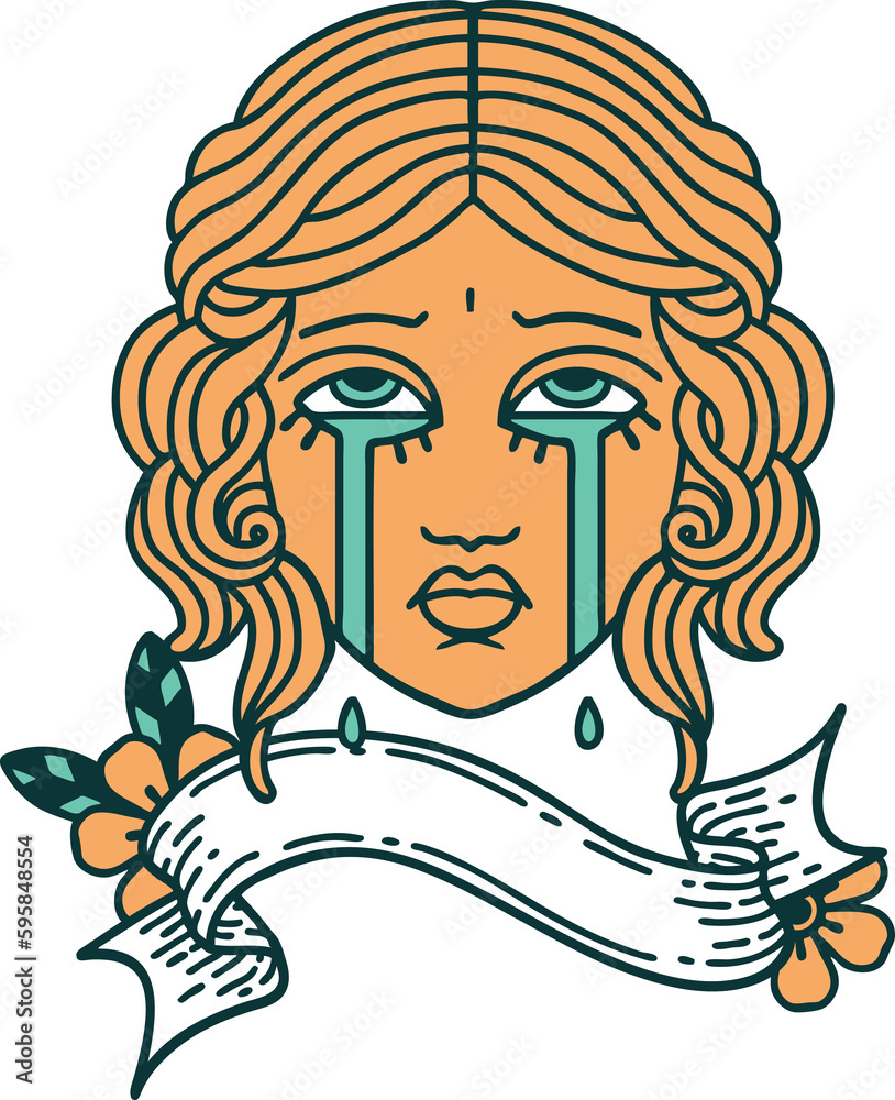 traditional tattoo with banner of female face crying traditional tattoo with banner of female face crying