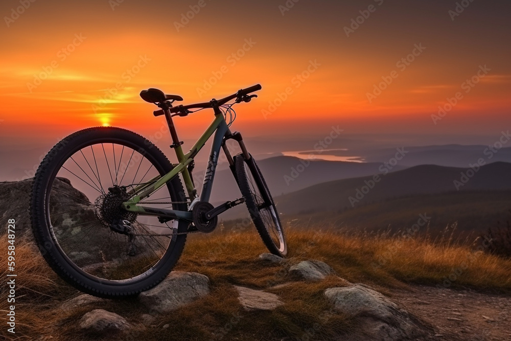 Bicycle on a mountain trail in magic sunset. Freedom and healthy lifestyle concepts. Generative ai.