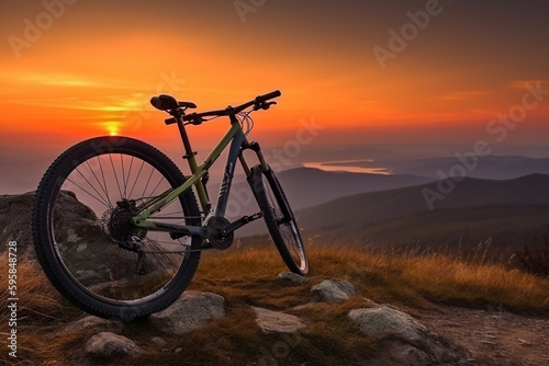 Bicycle on a mountain trail in magic sunset. Freedom and healthy lifestyle concepts. Generative ai.