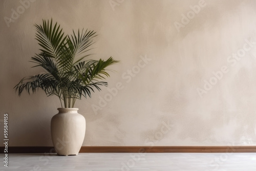 vase home design decoration sunlight decor wall concrete shadows tree palm interior. Generative AI.