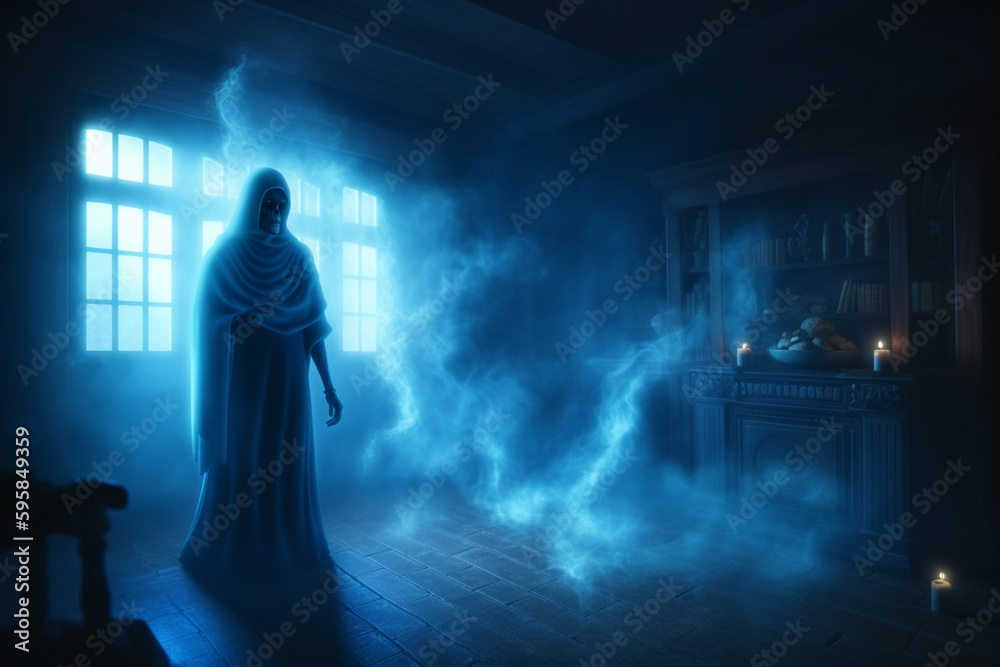 Obraz premium Grim reaper in haunted, creepy house. Generative ai