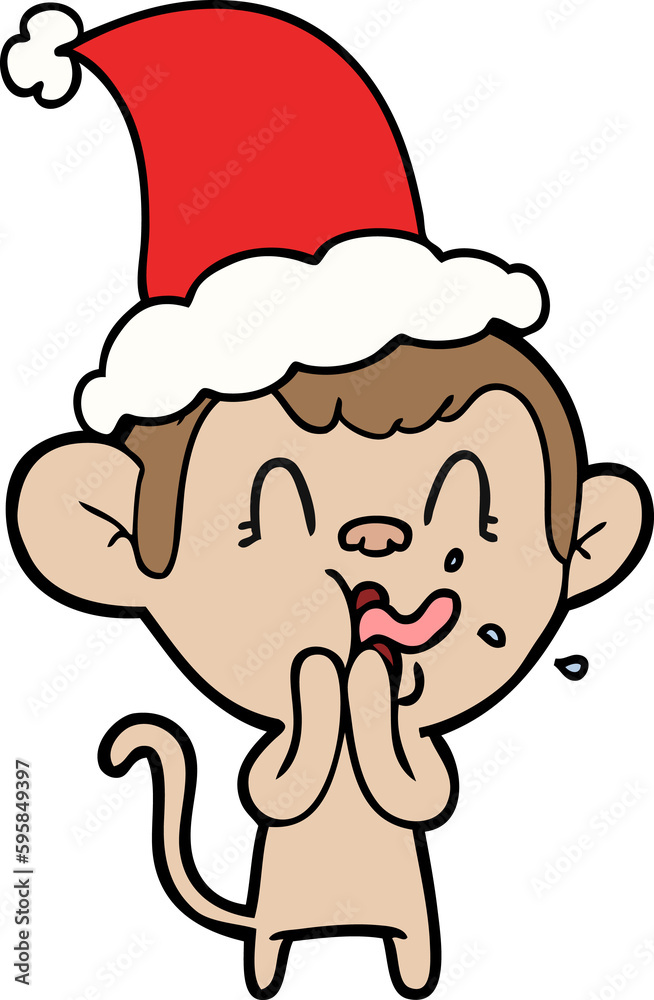crazy hand drawn line drawing of a monkey wearing santa hat crazy hand drawn line drawing of a monkey wearing santa hat