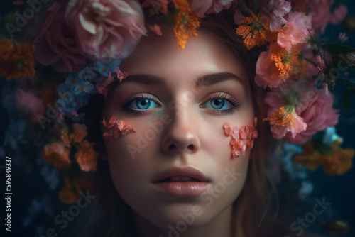 Abstract contemporary art collage portrait of young woman with flowers  retro colors. Generative ai.