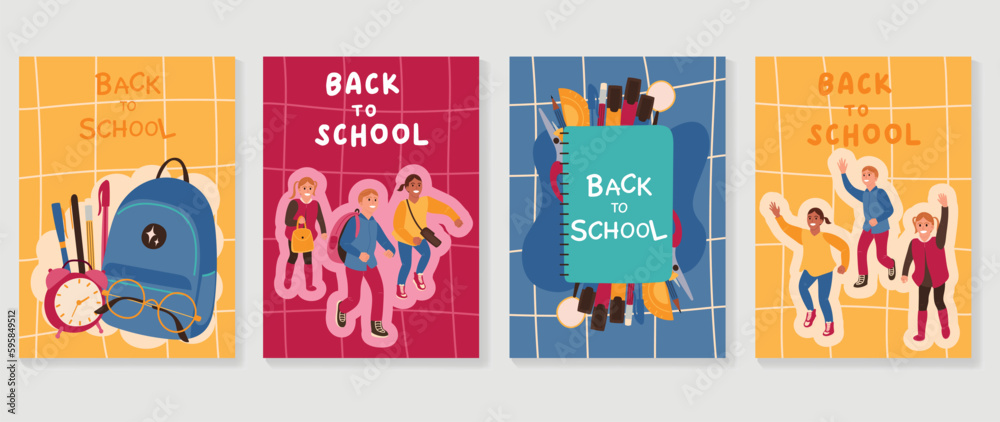 Welcome back to school cover background vector set. Cute childhood illustration with student, book, glasses, clock, ruler, bag, pen, eraser. Back to school collection for prints, education, banner.