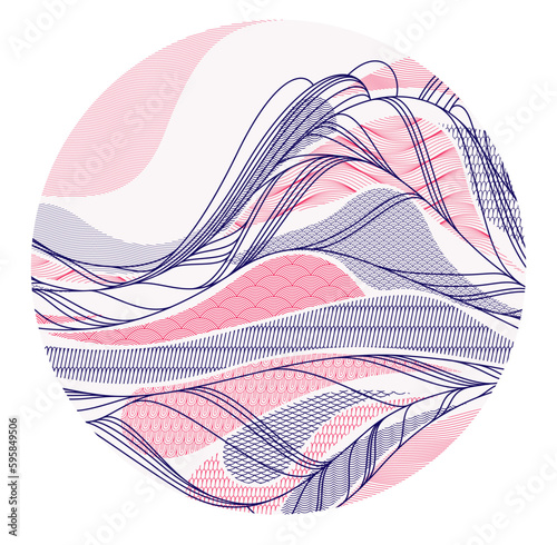 Oriental Japanese style vector abstract illustration in a shape of circle, background in Asian traditional style, wavy shapes and mountains terrain, runny like sea lines.