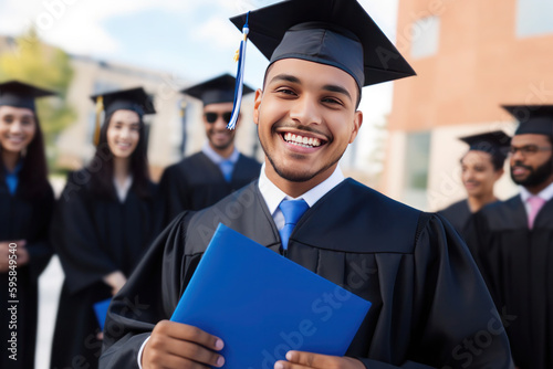 Young male hispanic graduate student against university background, AI generated