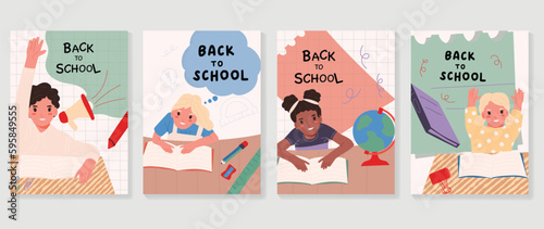 Welcome back to school cover background vector set. Cute childhood illustration with student, book, globe, paper clip, sharpener, megaphone. Back to school collection for prints, education, banner.