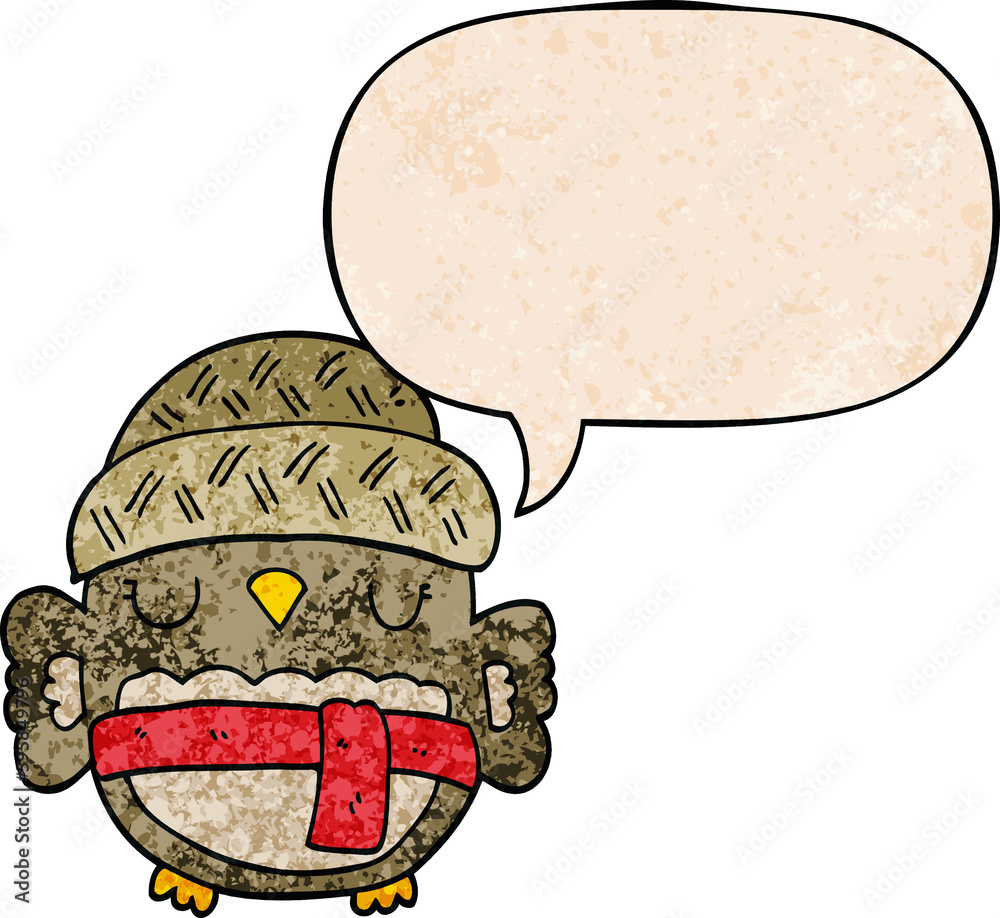 cute cartoon owl in hat with speech bubble in retro texture style cute cartoon owl in hat with speech bubble in retro texture style