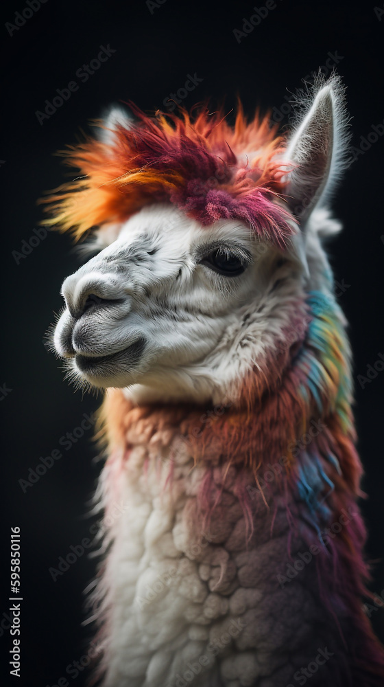Beautiful alpaca in a three-quarter pose with soft and multicolored fur, with the colors of the rainbow - ai generative