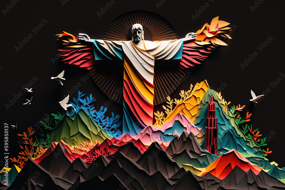 Christ the Redeemer papercut craft art. 3D Papercut paper art craft color Background Wallpaper. Generative AI.