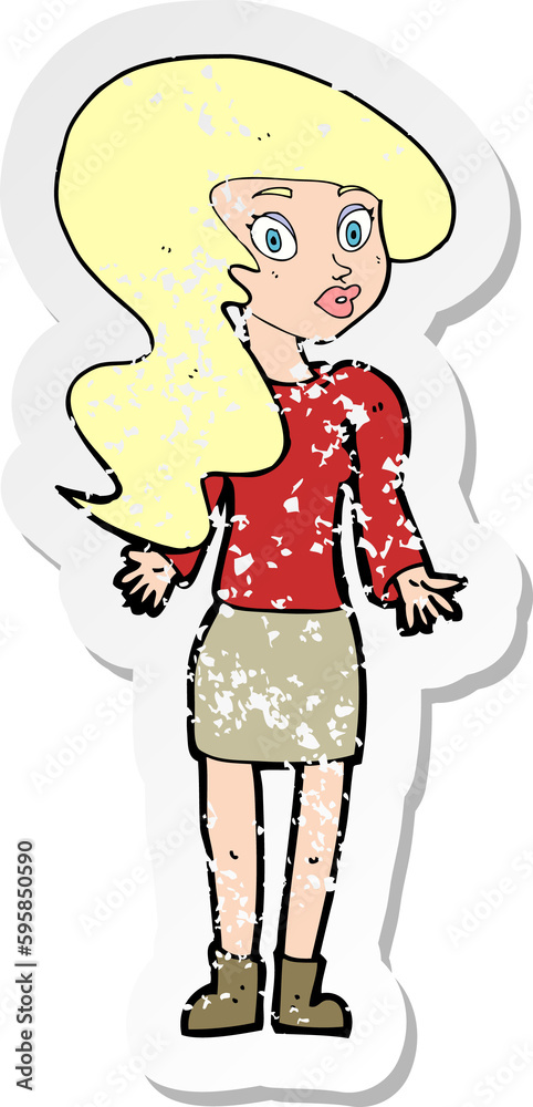 retro distressed sticker of a cartoon woman shrugging shoulders retro distressed sticker of a cartoon woman shrugging shoulders