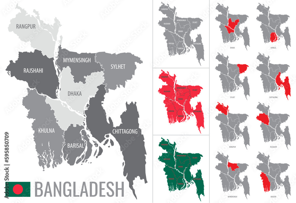 Detailed vector map of regions of Bangladesh with flag