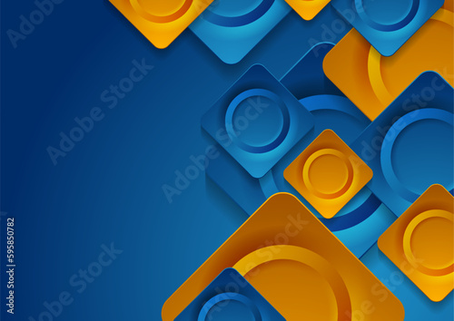 Blue orange geometric tech background with glossy circles and squares. Vector design
