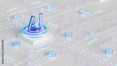 Artificial intelligence AI neural network digital brain machine deep learning processing big data analysis technology connection mining chipset on circuit board futuristic. 3d rendering. photo