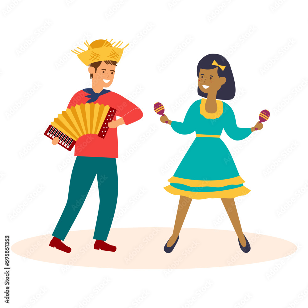 Festa Junina. Vector templates for brazilian june party. Cheerful dancing people, a man plays an accordion, a woman plays maracas. Festa Junina. Vector templates for brazilian june party. Cheerful dancing people, a man plays an accordion, a woman plays maracas.